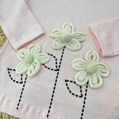 Conj. Blusa Manga Longa Flores 3D e Calça de Linho - Rosa e Areia